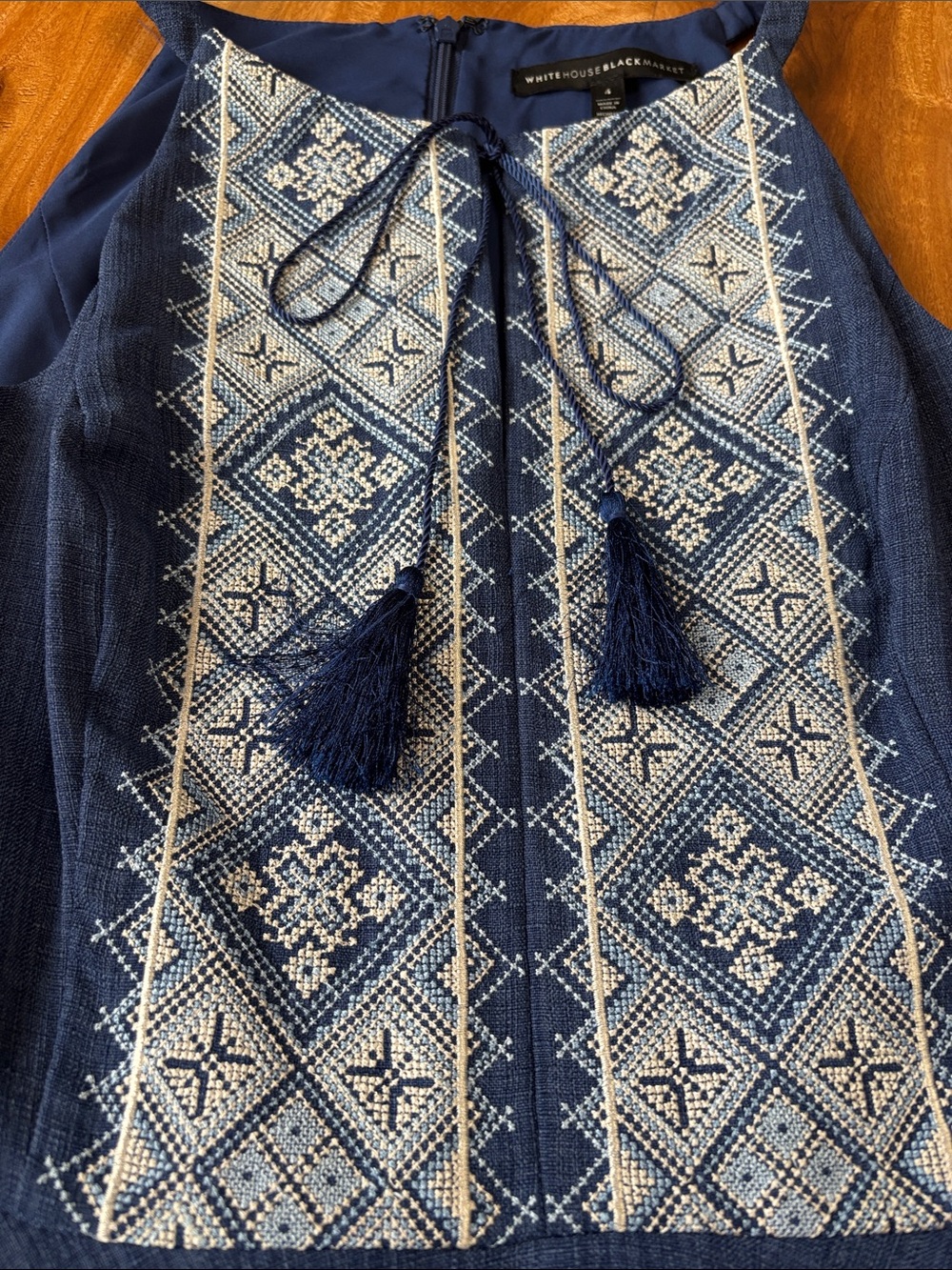 White House Black Market Navy Blue Embroidered Tie-Front Dress - Picture 4 of 6